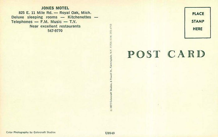 Hotel Royal Oak (Jones Motel, Jones Royal Motor Inn) - Vintage Postcard Back (newer photo)